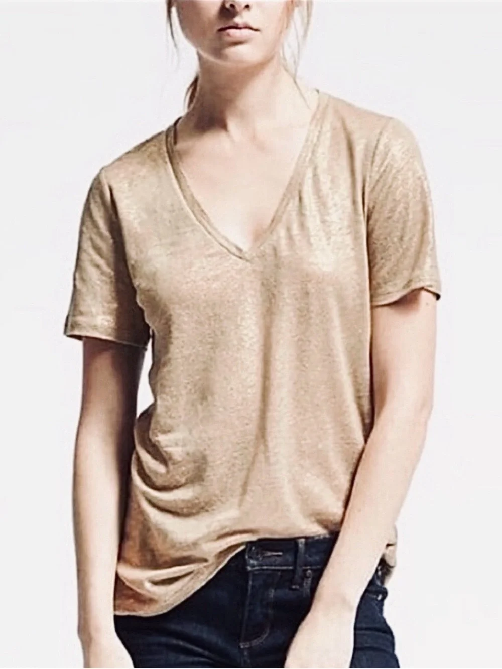 J.Crew Linen V-Neck Metallic Foil Shimmer Tee, EUC